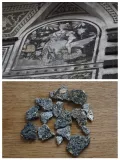 Separate coloured intonaco and fallen parts collected under the facade